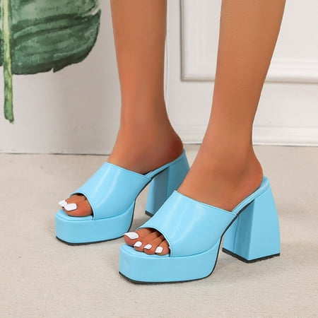 

Summer Savings! Zpanxa Slippers for Women Platform Sandals for Women Sexy Square Peep Toe Slip On Chunky High Heel Sandals Date Dress Pumps Flip Flops for Women Blue 43