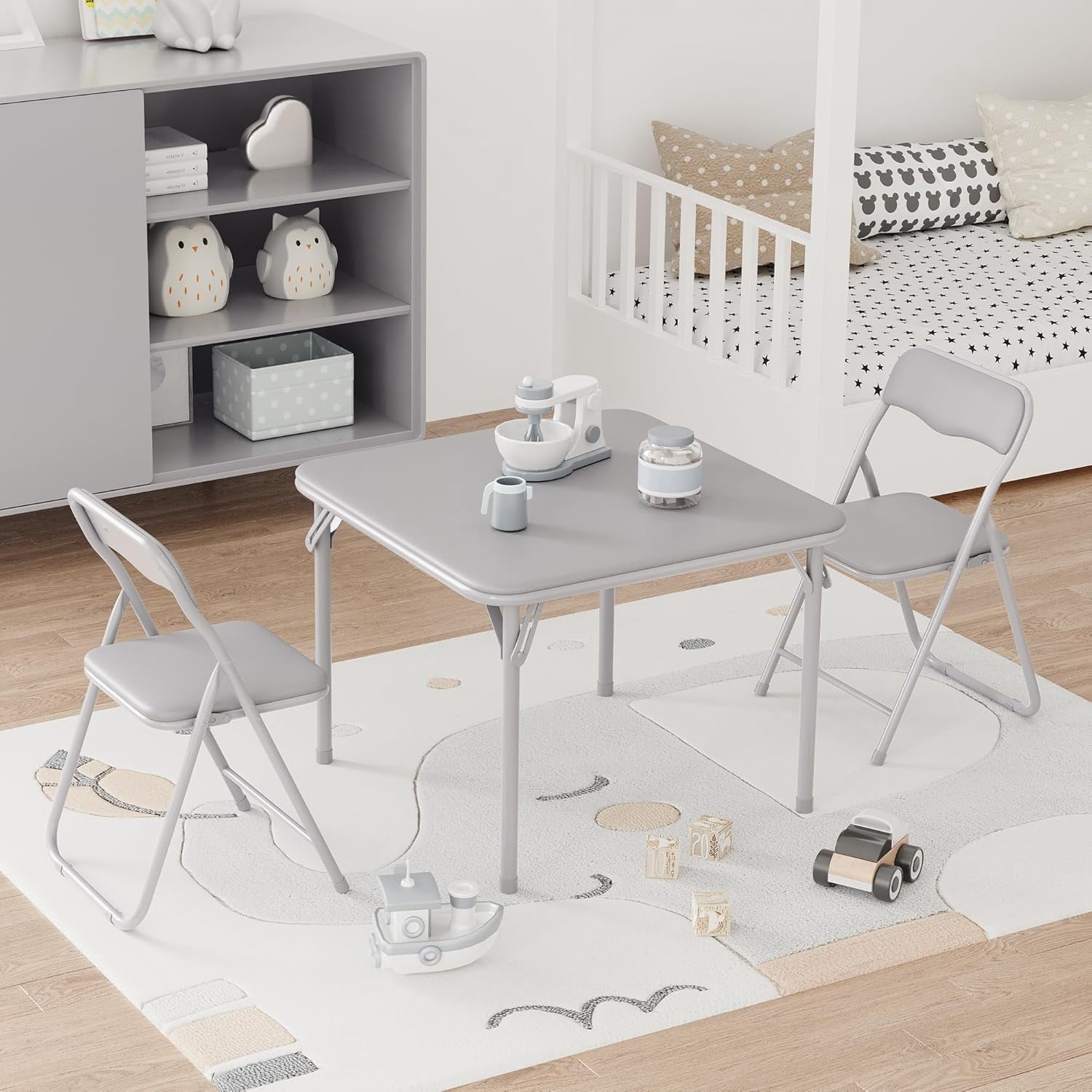 Boys and Girls Folding Table and Chairs Set of 3, Portable Table and Chair with Pu Soft Cushion,Suitable for Eating,Reading and Playing