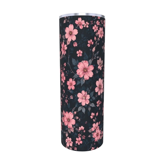 20oz Dark Floral Travel Tumbler with Handle and Straw Lid Pink Blossom Insulated Car Coffee Cup Gift for Women with Straw