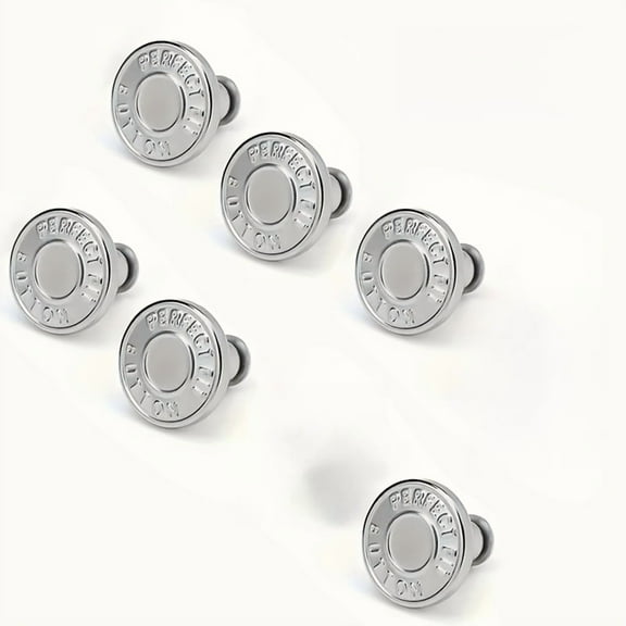 6-Piece Silver Jean Button Set – Instant No-Sew Waist Tighteners for Jeans, Skirts & Shorts, Reusable Metal Adjusters for a Perfect Fit