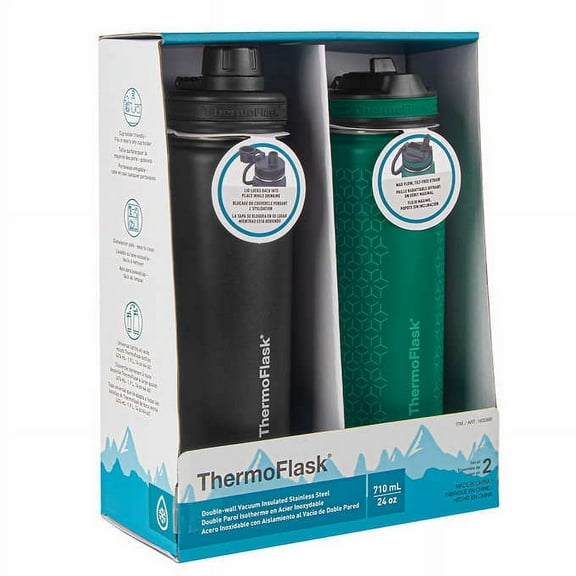 ThermoFlask Leak-proof spout 24 oz Green / Black Stainless Steel Water Bottle 2 Pack