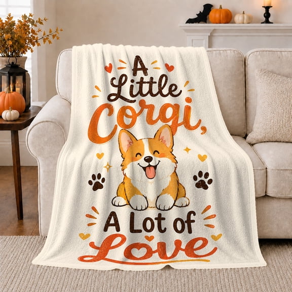 Little Corgi A Lot of Love with Hearts and Paw Prints, Playful Cartoon Style for Corgi Lovers, Soft Flannel Blanket for Bedroom and Family Room, Pet Adoption Gift, Whimsical Home Decor