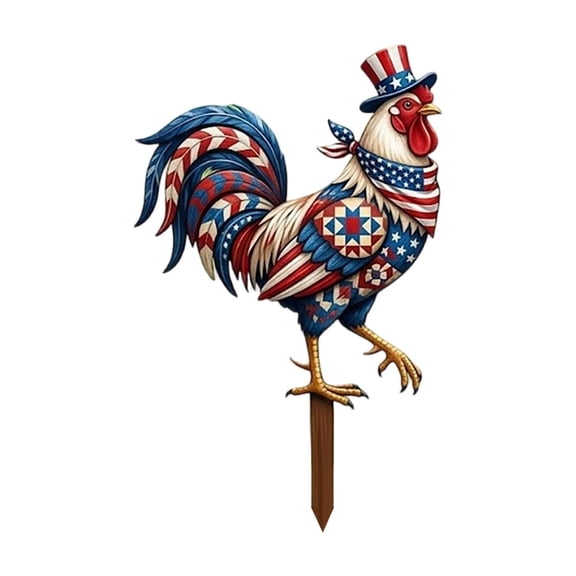 Gallickan Patriotic 4th of July Metal Rooster Yard Stake, 11.8x7.9in Double-Sided Outdoor Independence Day Garden Decor for Porch Courtyard