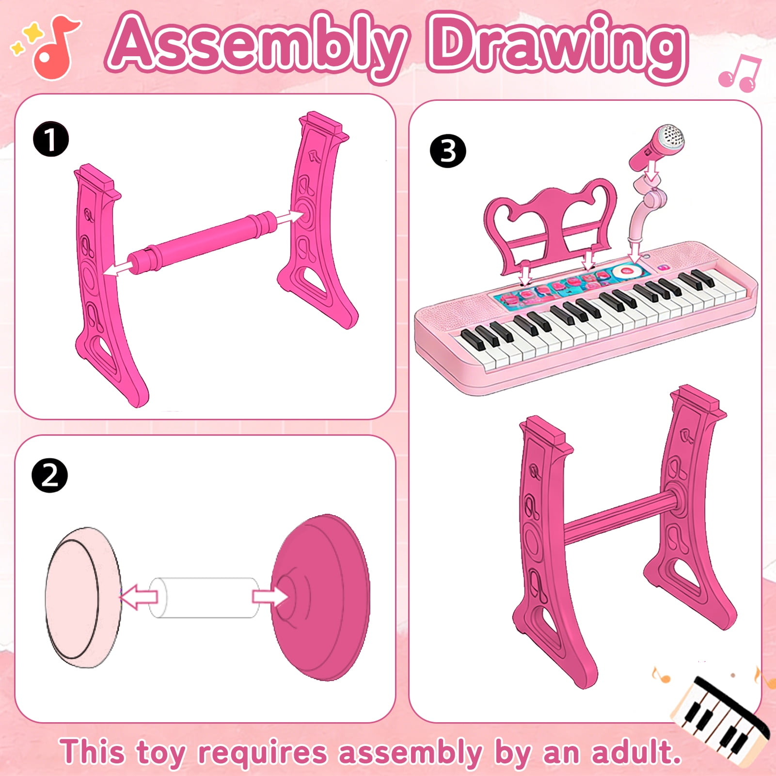 Tepear Kids Piano Keyboard Toys for Girls Age 3, 37 Keys Toddlers Piano Toy with Stool and Microphone, Pink Birthday Gift for 4 5 6 Years Old Boy Girl