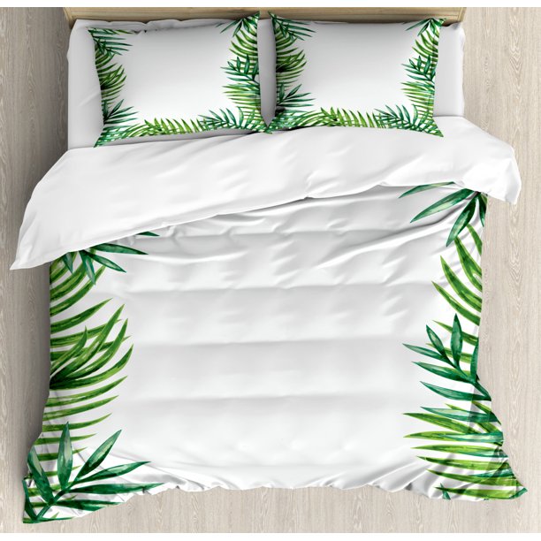 Green Leaf Duvet Cover Set King Size, Frame with Fresh Leaves Botanical