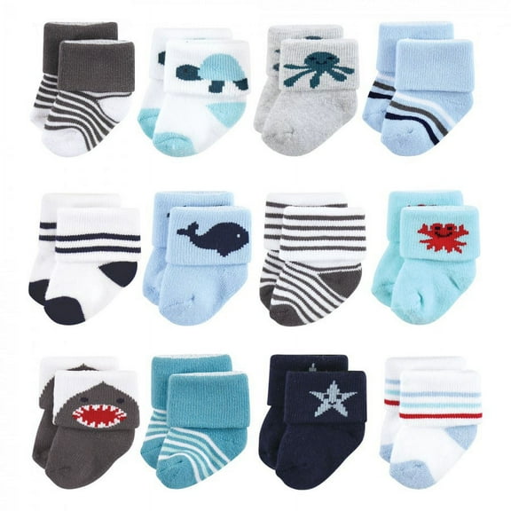 Hudson Baby Infant Boy Cotton Rich Newborn and Terry Socks, Sea Creatures 8Pk, 0-6 Months