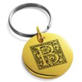thumbnail image 1 of Stainless Steel Letter B Initial Floral Box Monogram Engraved Small Medallion Circle Charm Keychain Keyring, 1 of 1