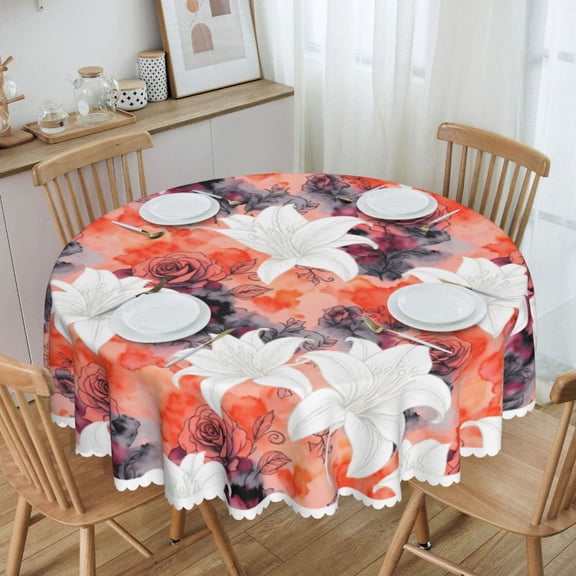 White Lilies And Roses On Orange Round Tablecloth Waterproof Table Cloth Stain and Wrinkle Resistant Washable, Decorative Fabric Table Cover for Dining, Party and Camping