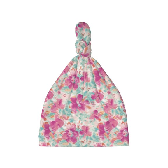 Balery Purple Watercolor Flowers Pattern Baby Beanie, Knotted Baby Hat, Infant Hat, Newborn Beanie, Adjustable Beanie, Baby Cap, Newborn Headwear