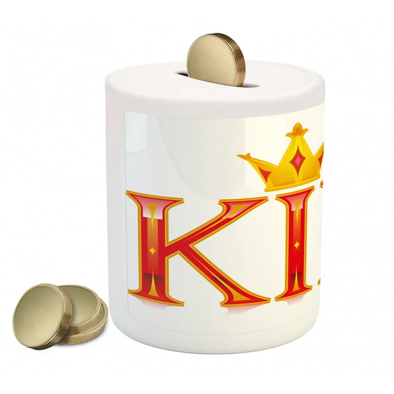 King Piggy Bank Royal King Words in Capital Lettering Crown and Diamond Shapes on White Ceramic Coin Bank Money Box for Cash Saving 3.6