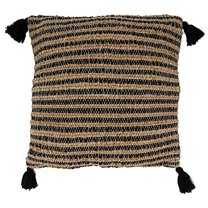 Fennco Styles Woven Striped Tassel Cotton Jute Decorative Throw Pillow Cover 20" W x 20" L - Black Textured Cushion Case for Home, Couch, Bedroom, Living Room and Office Décor