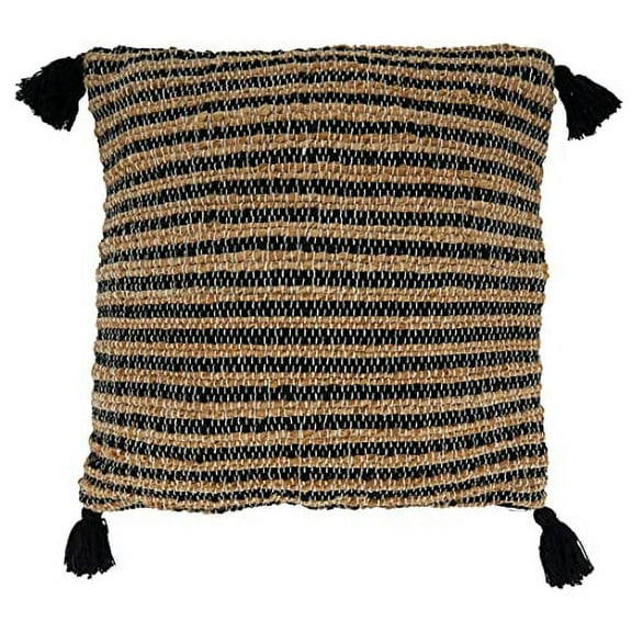Fennco Styles Woven Striped Tassel Cotton Jute Decorative Throw Pillow Cover 20" W x 20" L - Black Textured Cushion Case for Home, Couch, Bedroom, Living Room and Office Décor