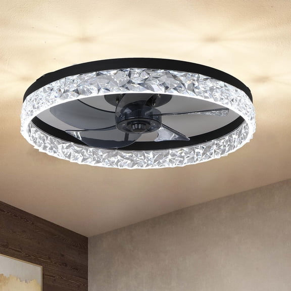 20 in. Indoor Black 32W Dimmable Crystal LED Ceiling Fan with Light and Remote for Low Profile Bedroom