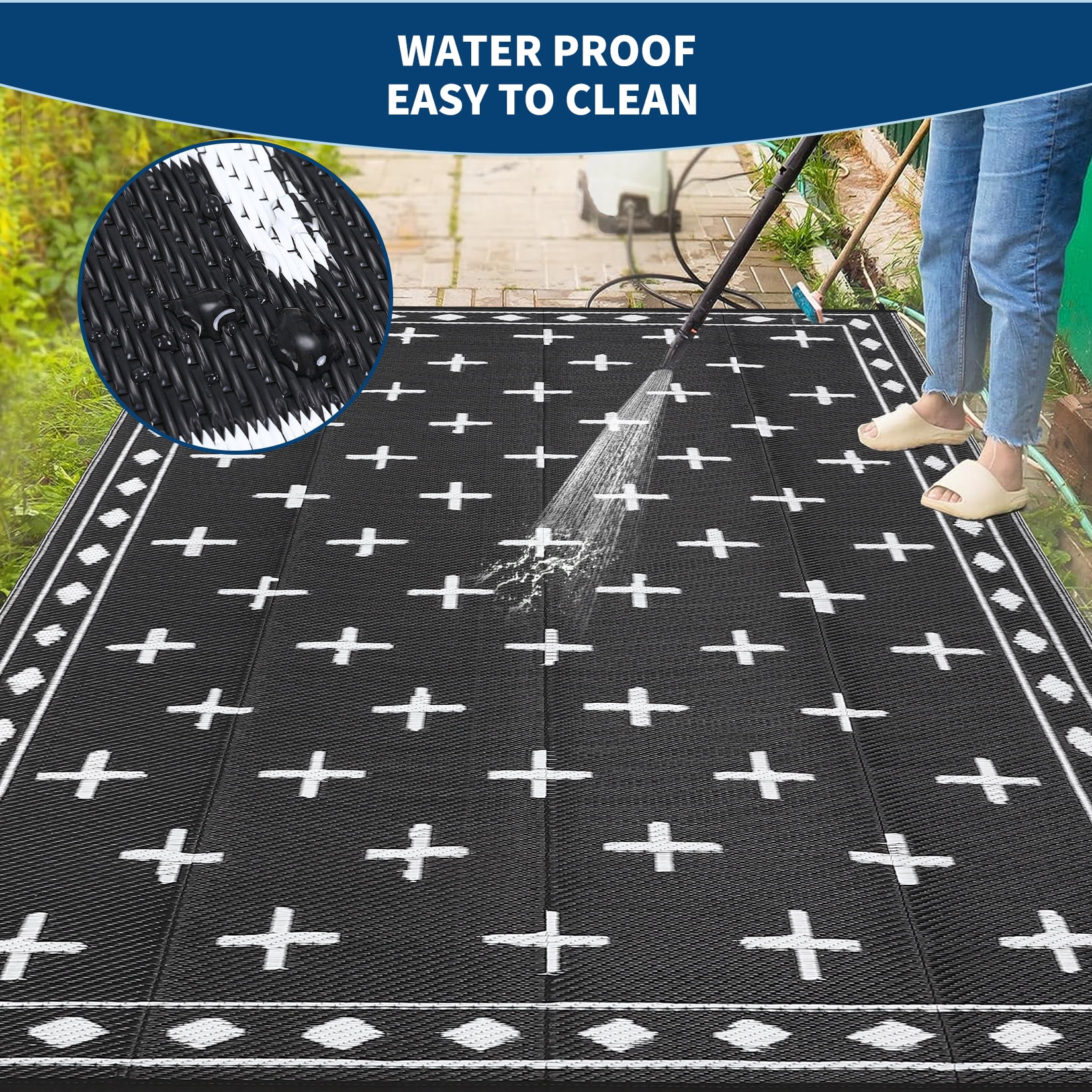 Large 9x18 Outdoor Area Rug, Waterproof Plastic Straw Mat with Framed Geometric Design for RV Awning, Patio, Deck, Garden, Camping, Beach and Backyard,Black White