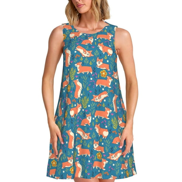 Fotbe Corgi with Flowers Vestido de Verano sin Mangas para Mujer – Vestido Midi Línea A, Estilo Camiseta Floral, Vestido Playero Casual y Fluido
