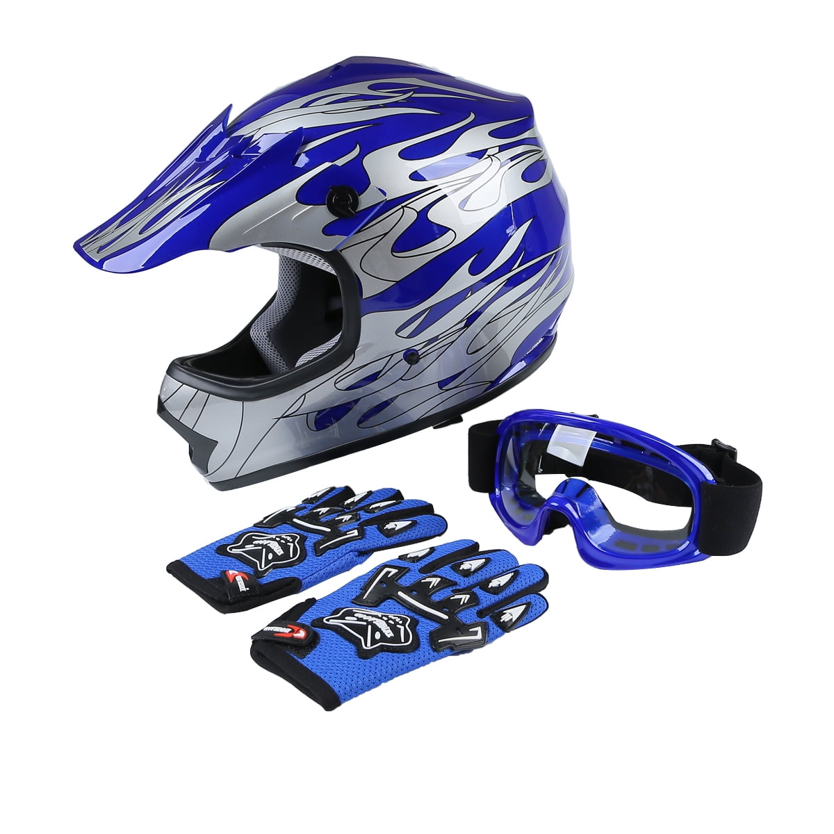 SLMOTO DOT Approved Youth Kids Helmet Offroad Street Motorcycle Helmet Dirt Bike Motocross ATV Blue Flame Helmet+Goggles+Gloves,Medium 