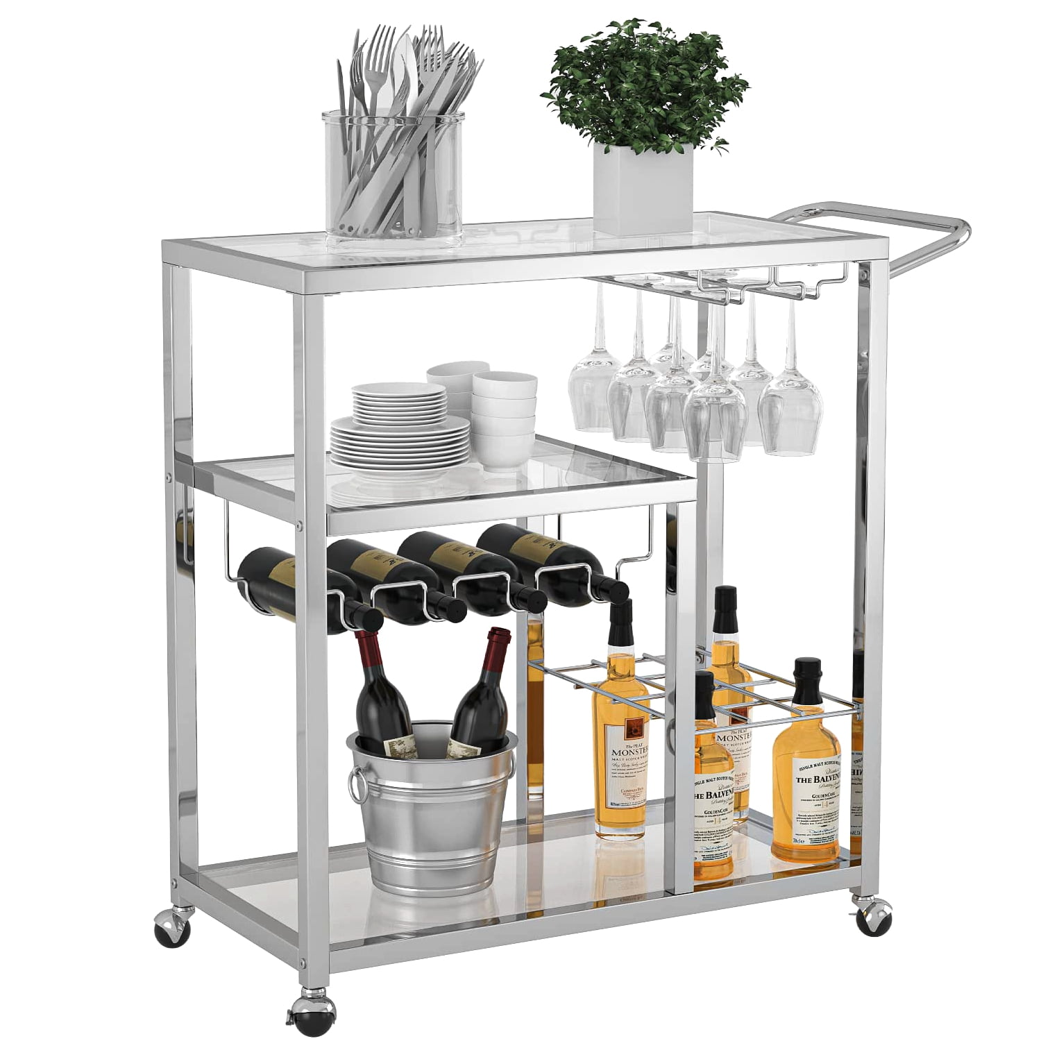 LAUSATEK 3Tier Glass Bar Cart, Kitchen Serving Bar Cart with Wine Rack, Portable Tempered Glass