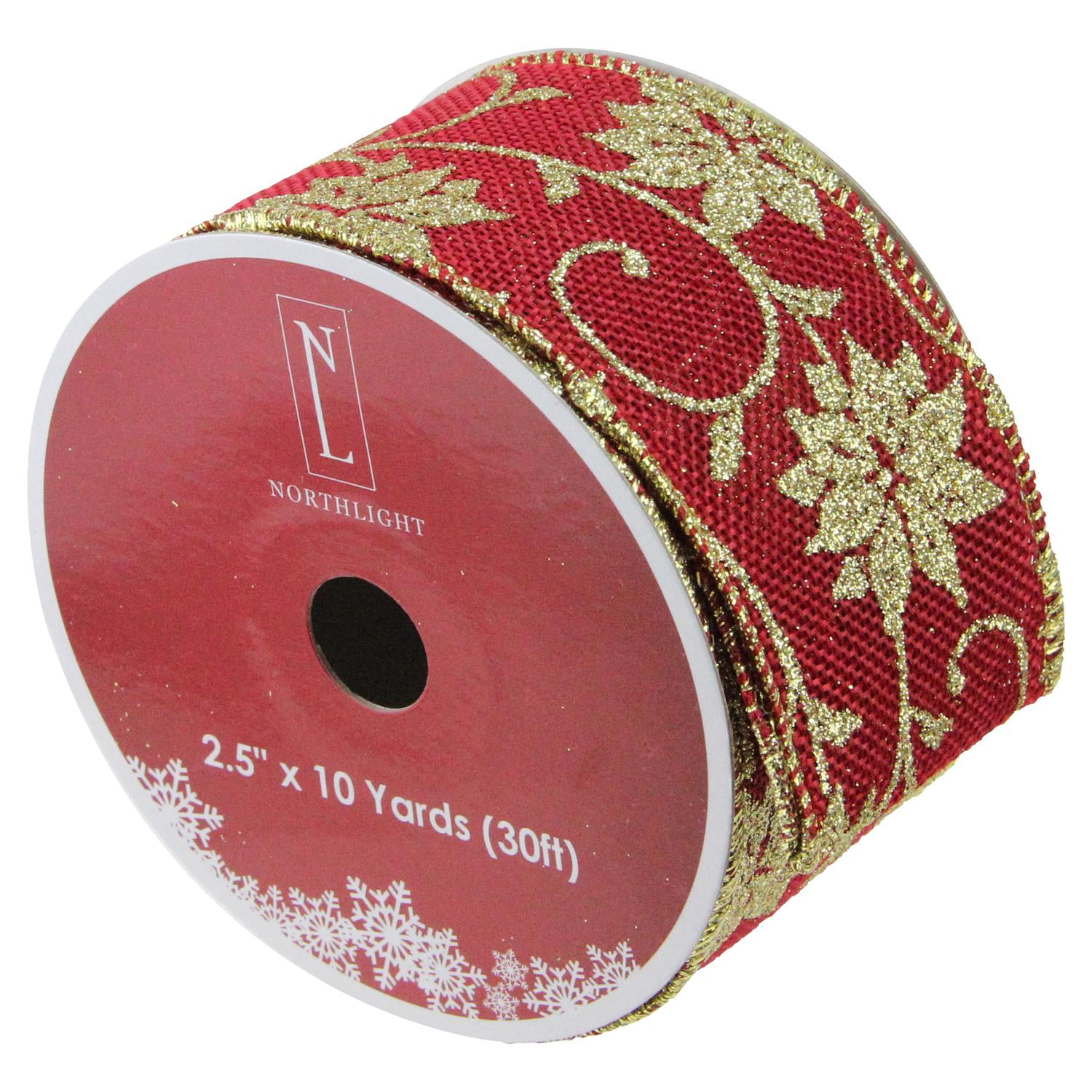 Cranberry Red and Gold Poinsettia Burlap Wired Christmas Craft Ribbon 2.5" x 10 Yards - Walmart.com