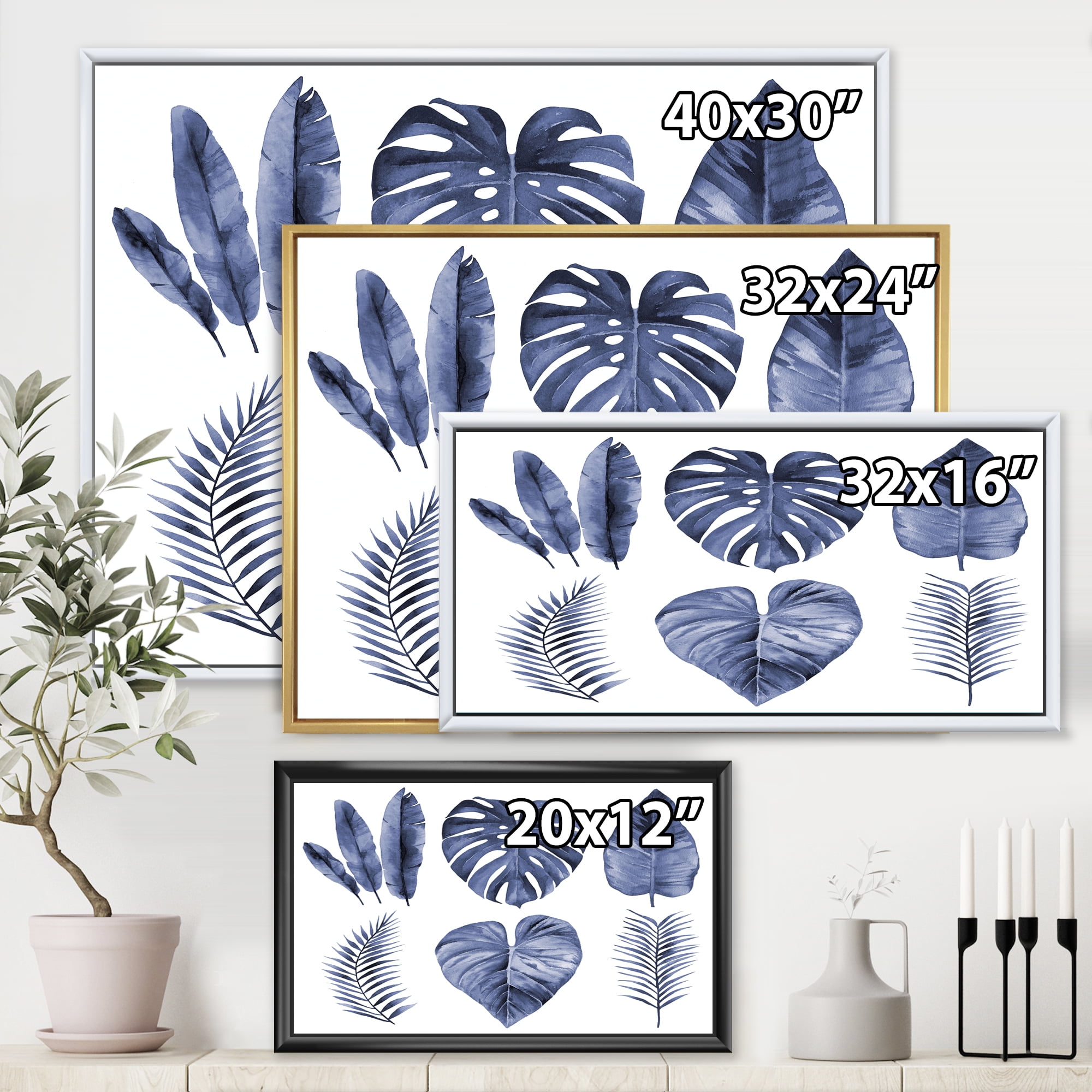 Designart 'Blue Watercolour Tropical Leaves I' Farmhouse Framed Canvas Wall Art Print