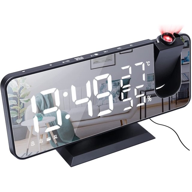 HAHDAXIA Projection Digital Alarm Clock for Bedrooms, FM Radio Alarm Clock, 7.5'' Dual Alarms with Snooze, USB Charging Port, Temperature & Humidity Display, 180° Rotable, 4 Dimmer, 12/24 Ho