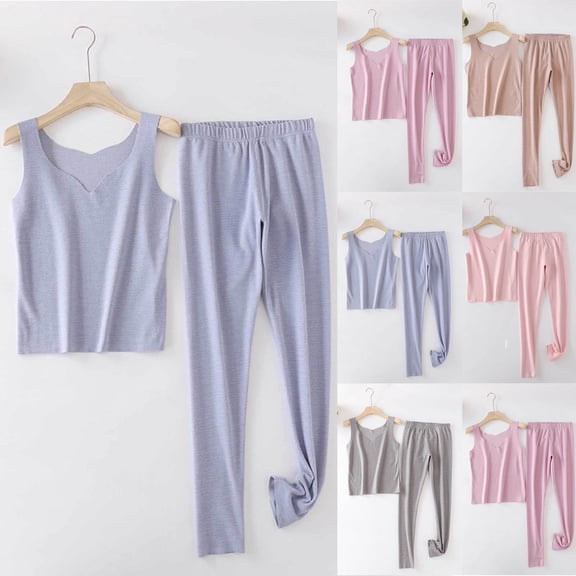 2 Pack ylioge Pajama Sets for Women Casual Solid Color Stretchy Slim Sleeveless Tank Tops and Pants 2 Piece Thermal Loungewear Sleepwear Pajamas Outfits Set
