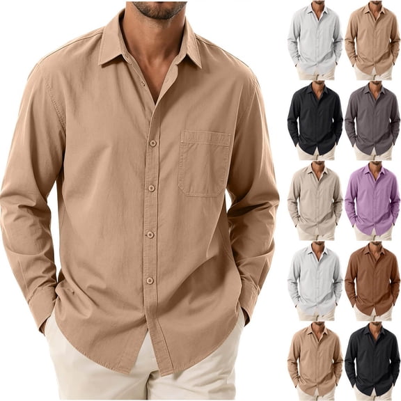 YODETEY Men's Long Sleeve Casual Cotton Button Down Shirt, Solid Collar Dress Shirts with Chest Pocket,Size S-3XL