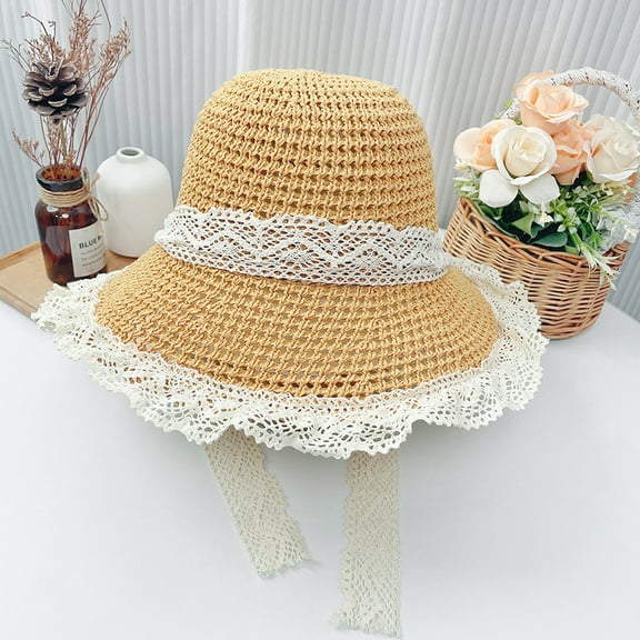 SikaFu Lace Tied Straw Hat, Woven Women's Large Brimmed Straw Hat, Summer Sunshade Hat, Face Covering, Vacation Beach Hat
