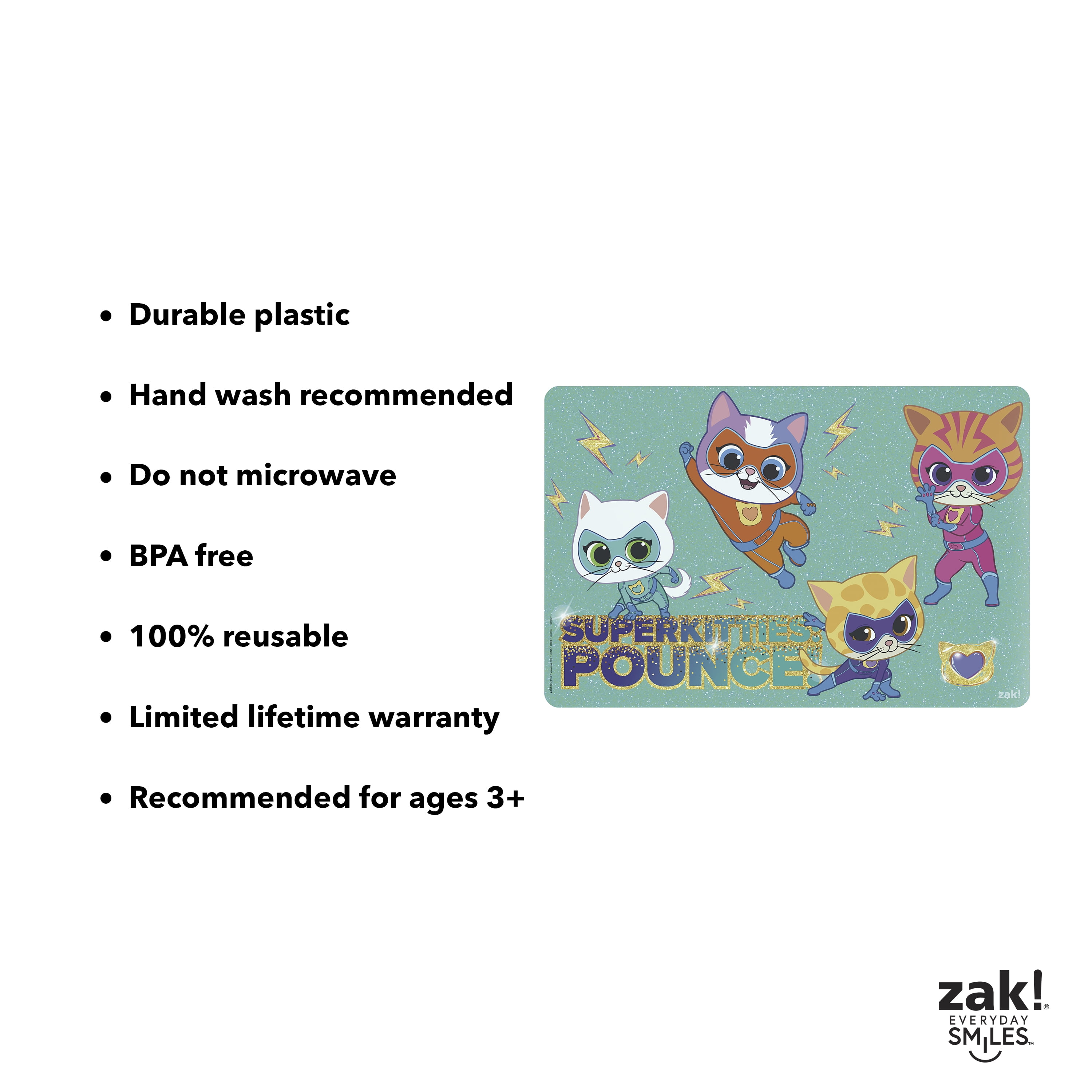 (4 pack) Zak Designs 11.8" x 17.6" Super Kitties Reusable Kids Plastic Placemat, Disney Junior Super Kitties