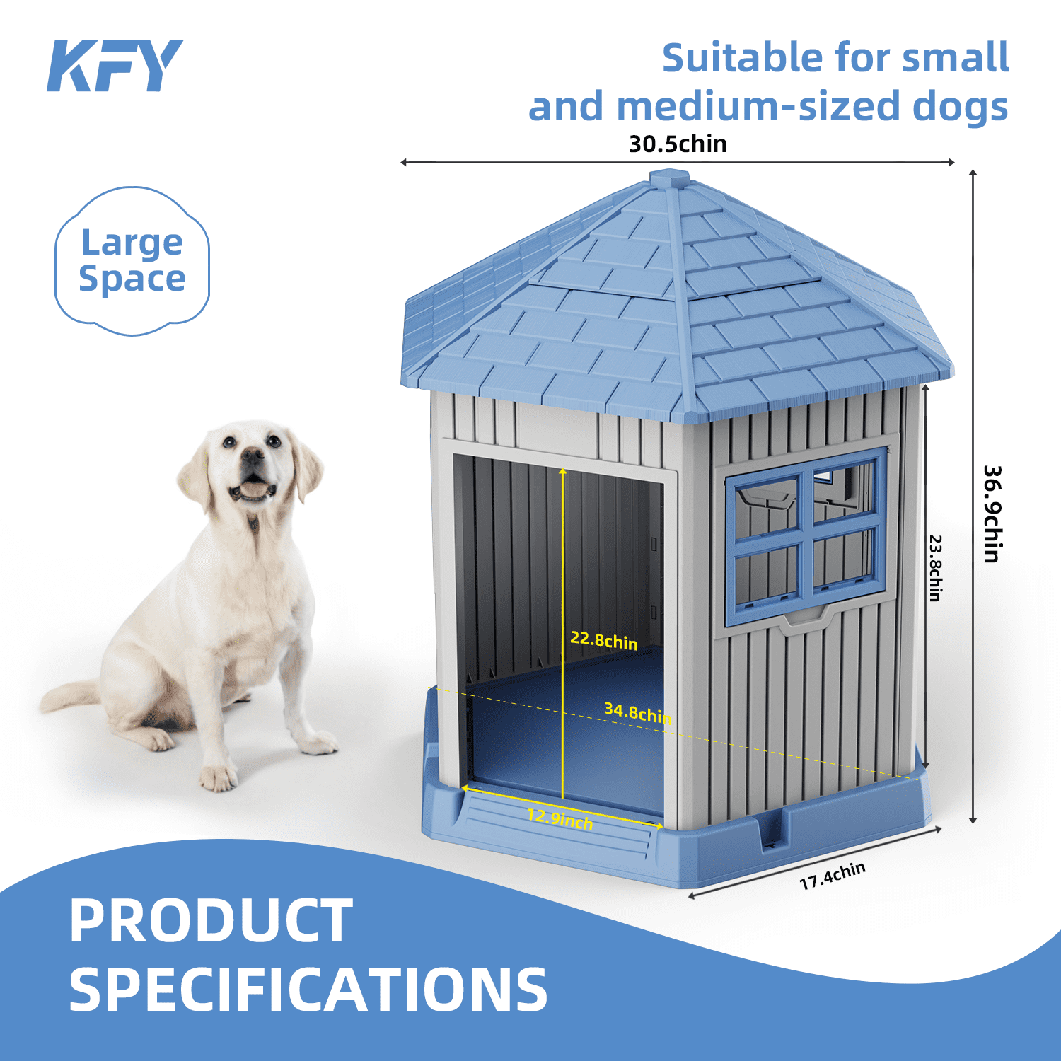 Fazzn Indoor/Outdoor Durable Large Dog Shelter with Outside Dog Kennel, Featuring a Window and Elevated Floor for Small and Medium Dogs.Blue