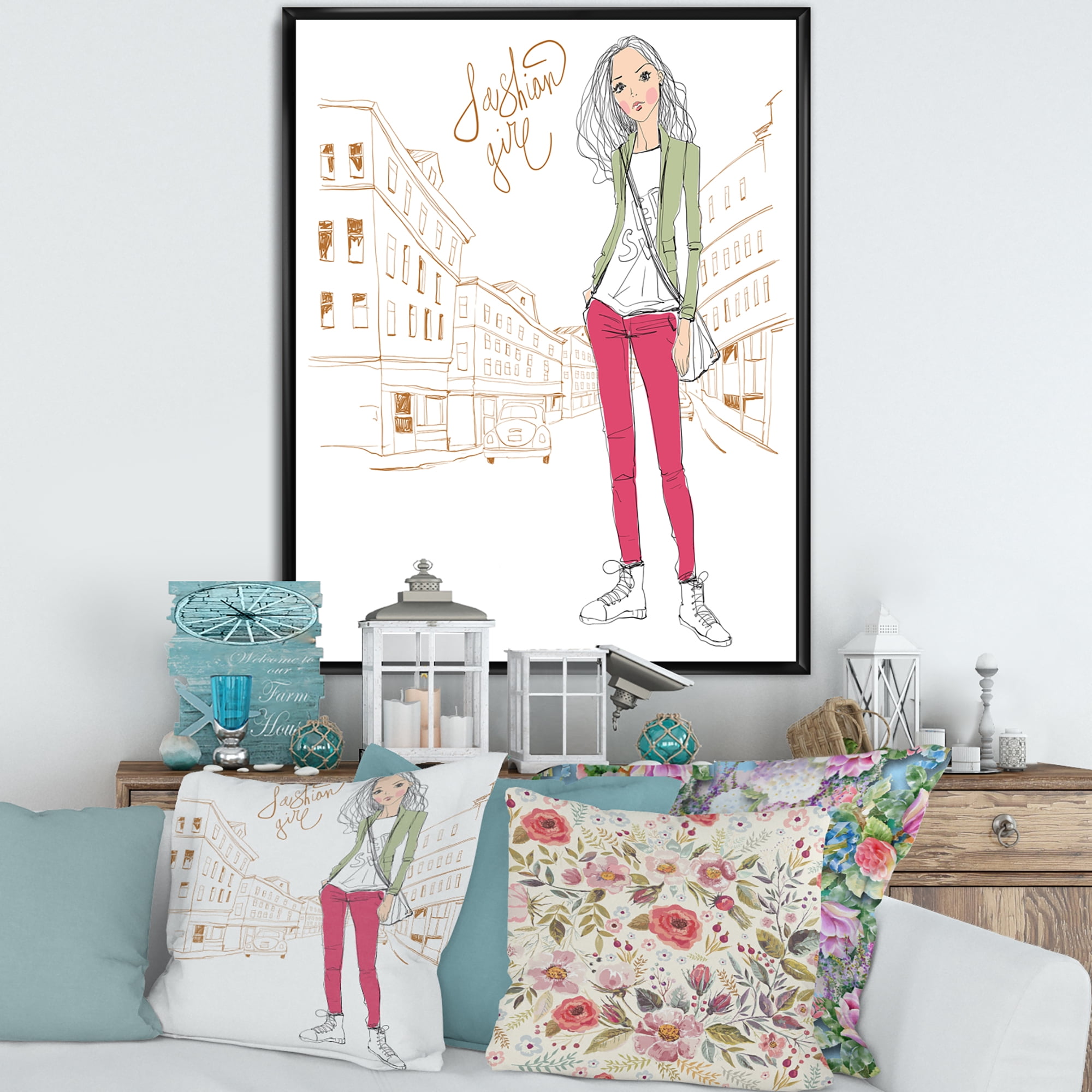 Trendy Fashion Woman II 16 in x 32 in Framed Painting Canvas Art Print, by Designart