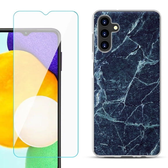 Slim-Fit TPU Fashion Phone Case for Samsung Galaxy A13 5G, with Tempered Glass Screen Protector, by OneToughShield ® - Marble / Blue