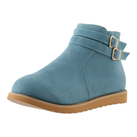KIJBLAE Women's Buckle Ankle Boots Suede Winter Warm Booties Slip On Flat Shoes Comfortable Low Heel Footwear Light Blue 39