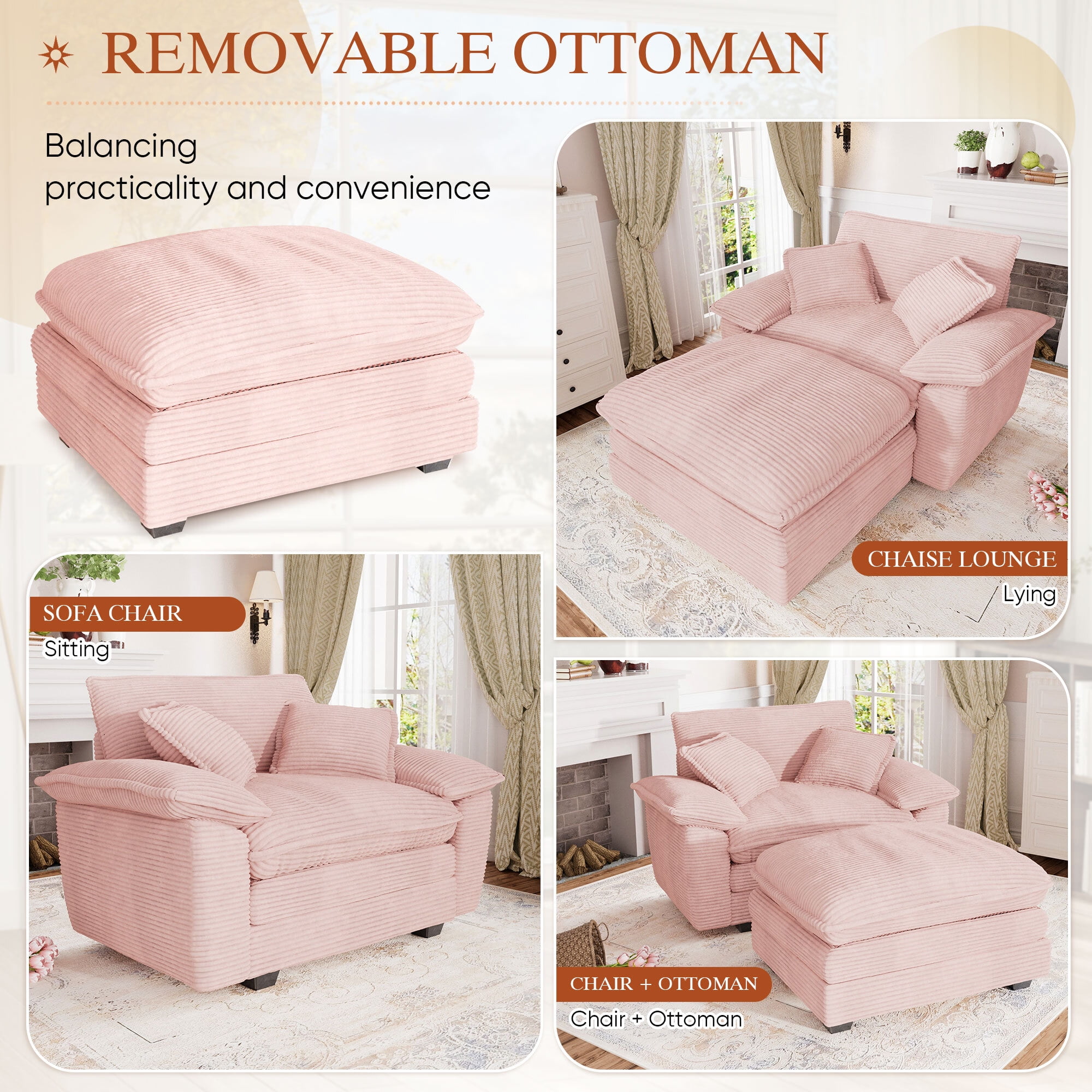 Muumblus Oversized Accent Chair with Ottoman, 48" Indoor Chaise Lounge Cloud Sofa Reading Armchair for Modern Living Room, Bedroom, Pink Corduroy