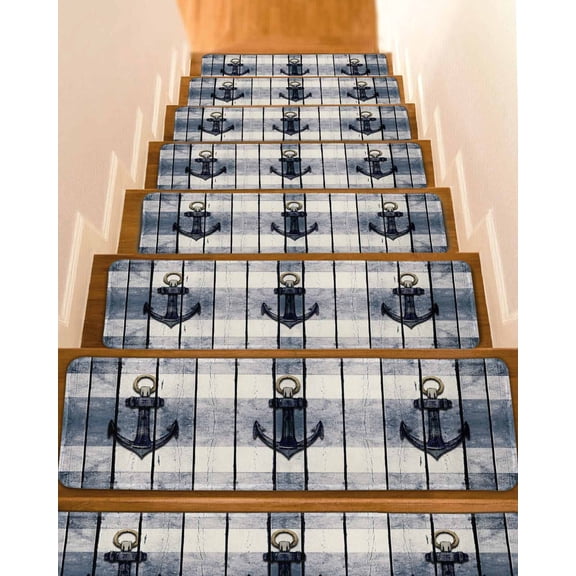 Navy Blue Nautical Stair Treads for Wooden Steps Indoor Runner Rug Carpet, Coastal Blue Striped Vintage 15 Pieces Peel and Stick Staircase Step Treads Covers Washable Throw Door Mats, 30"x8"