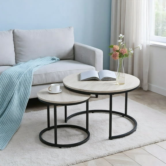 Spaco Round Nesting Tables Set of 2, Stacking Coffee Table Set with Metal Frame for Indoor as Living Room, Bedroom, Grey