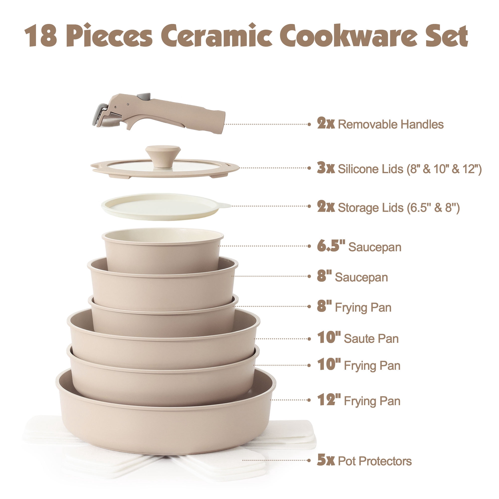 SENSARTE 18-Piece Ceramic Cookware Set with Detachable Handle, Almond Beige Nonstick Pots and Pans Set,Induction Compatible, Dishwasher/Oven Safe, Healthy Cooking Set for RV & Camping
