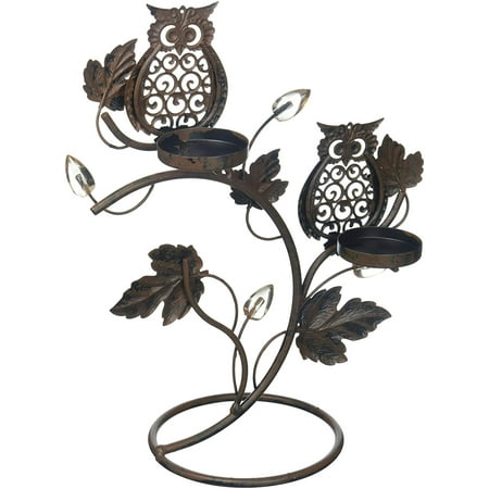 Low Double Tom Stand - 1 X Adorable Double Wise Owl Owls on Branch Metal Votive Candle holder Candle Stand, 9� x 5 x 11� high By Tom Co
