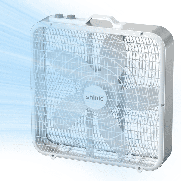 Shinic 20'' Box Fan with Thermostat, 3 Quiet Speeds,Powerful Airflow, Lightweight Box Window Fan for Indoor & Outdoor Use, White