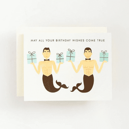 Mermaid Birthday Card – Fun & Whimsical Design with Two Shirtless Mermen Holding Gifts – Blank Inside, Envelope Included – Perfect for Celebrating Birthdays