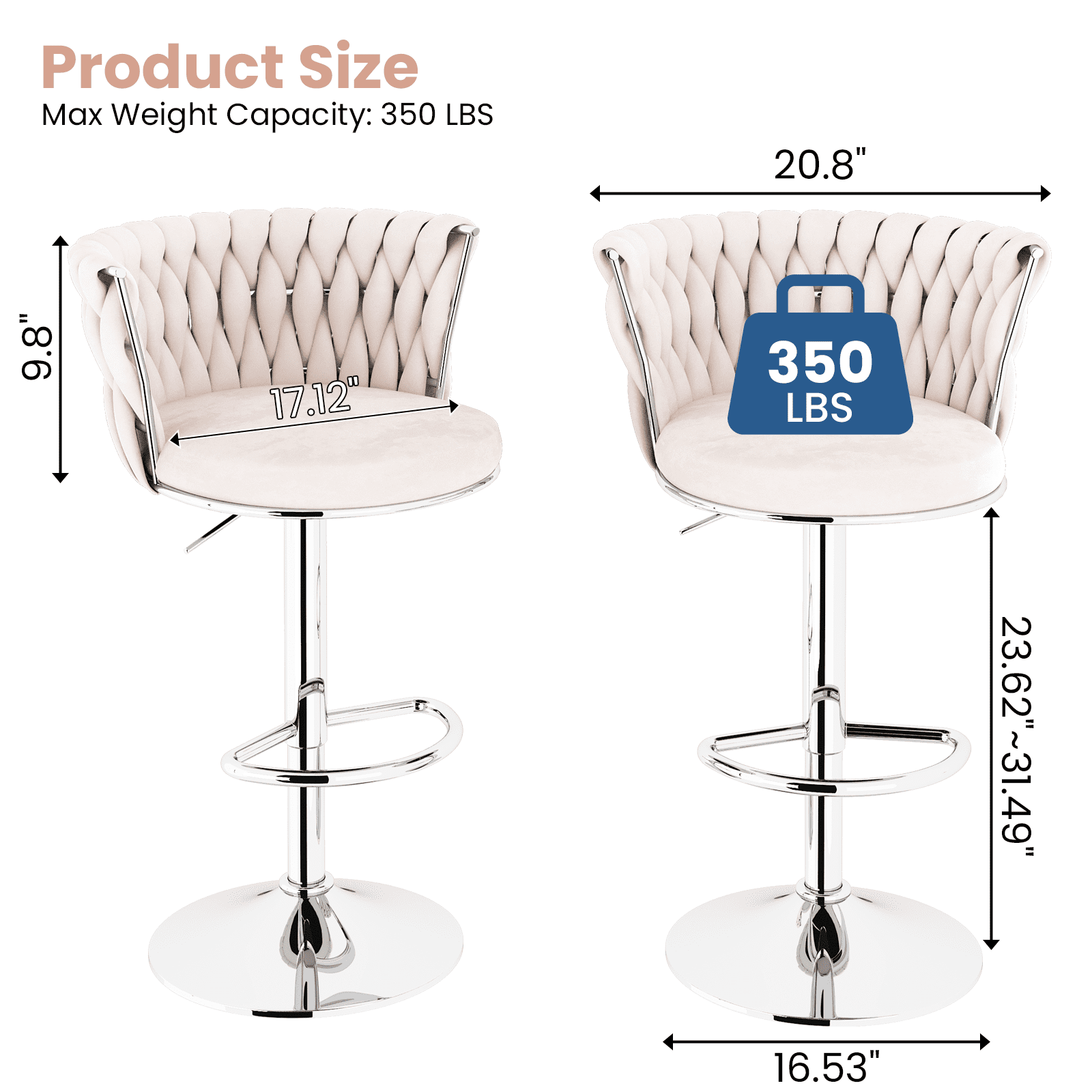 Mieres Velvet Bar Stools Set of 4, Adjustable Height Swivel Pub Chairs with Woven Back, Counter Height Dining Chairs with Footrest, 360° Rotating Kitchen Island Stools for Home & Bar, Beige