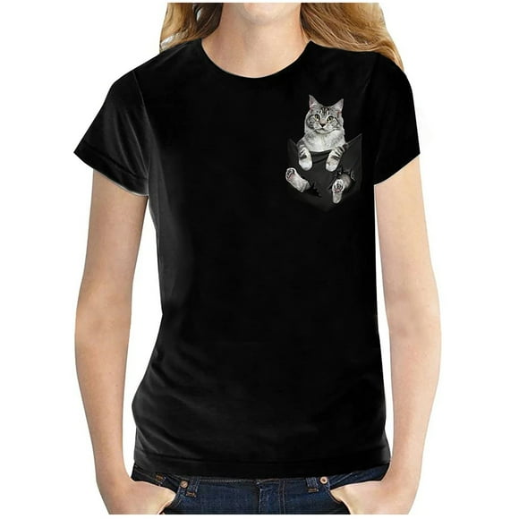 Women Printed Plus Size O-Neck T-Shirts Cat Print Short Sleeve Graphic Tee Tops