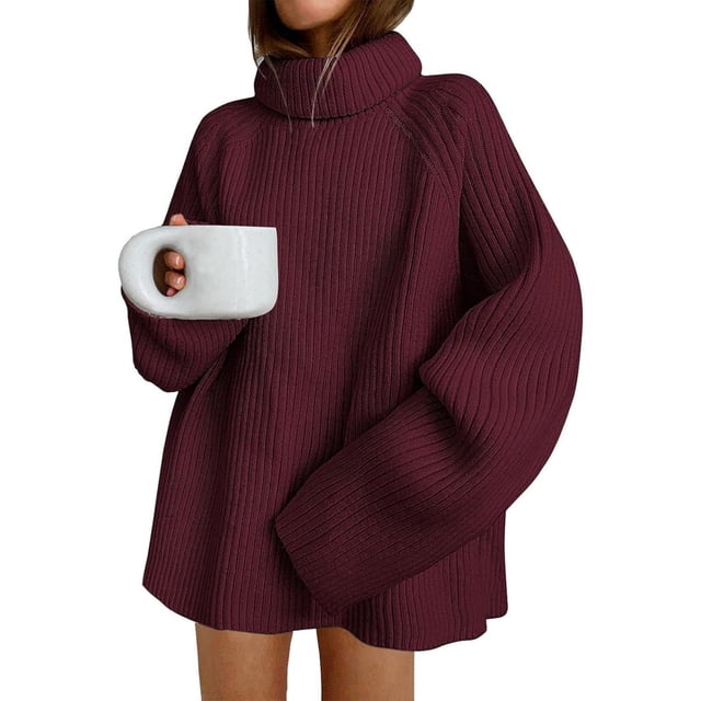 IMENGL Chandail en Grosse Maille à Col Roulé Surdimensionné d'Hiver, Rouge TG, Taille M-TG