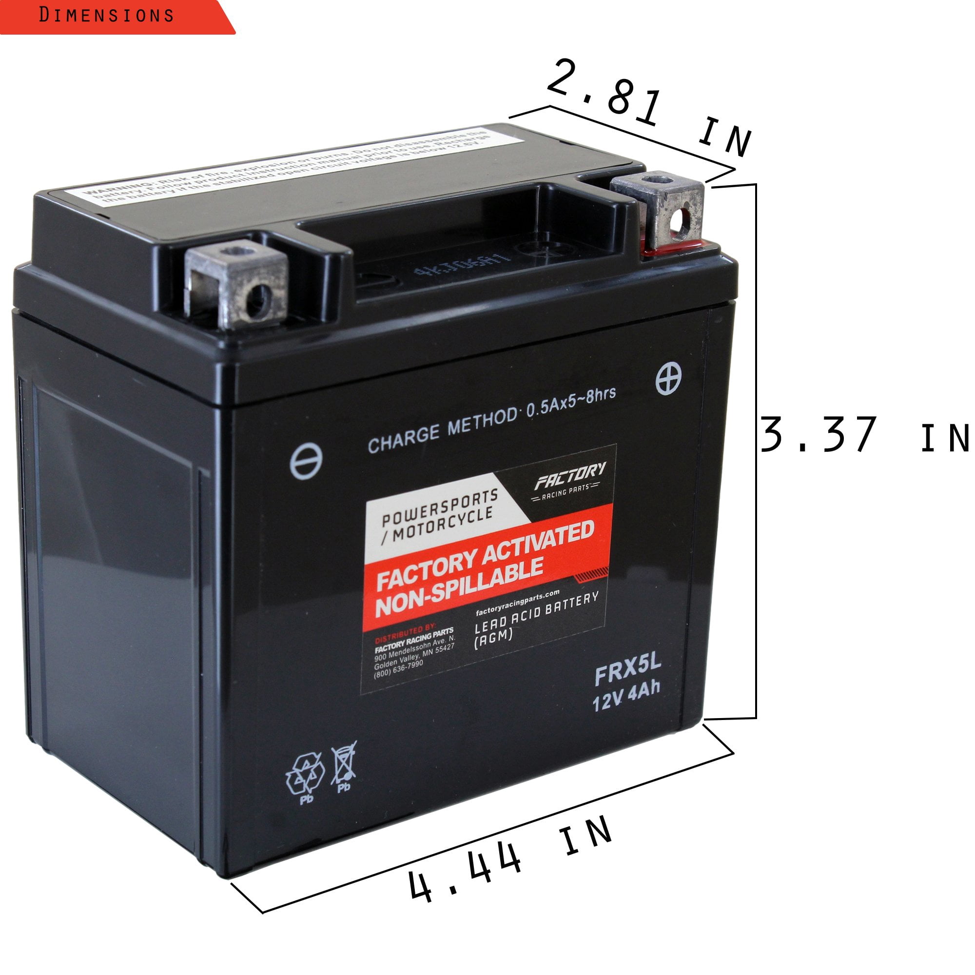 Factory Racing Parts FRX5L AGM Battery  Maintenance Free  Ready to Install - Compatible With ATVs, Motorcycles, and Scooters YTX5L-BS, BTX5L-BS