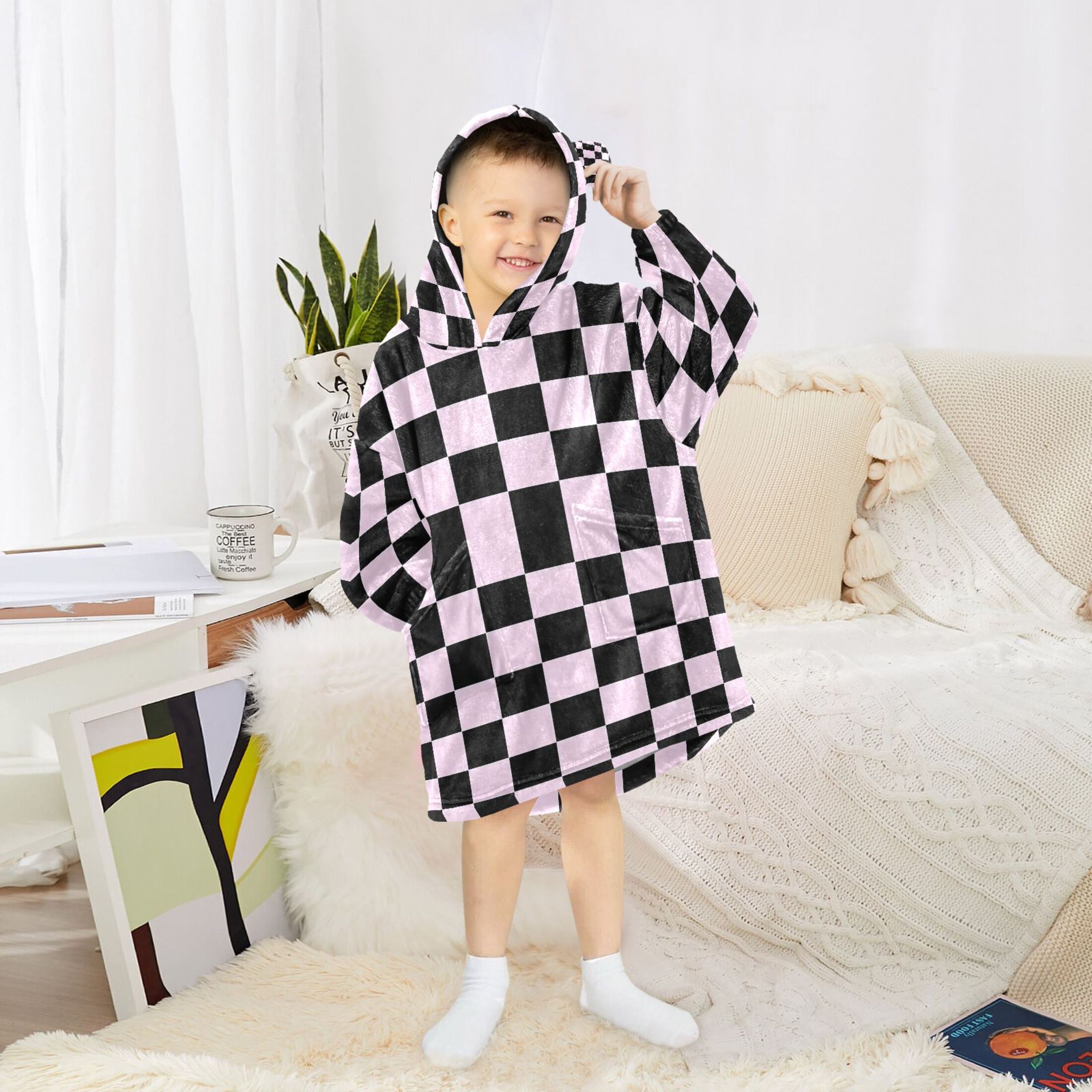 joogoo Wearable Blanket Hoodie for Checkered Print Flannel Sherpa Pocket 3-14 YR S