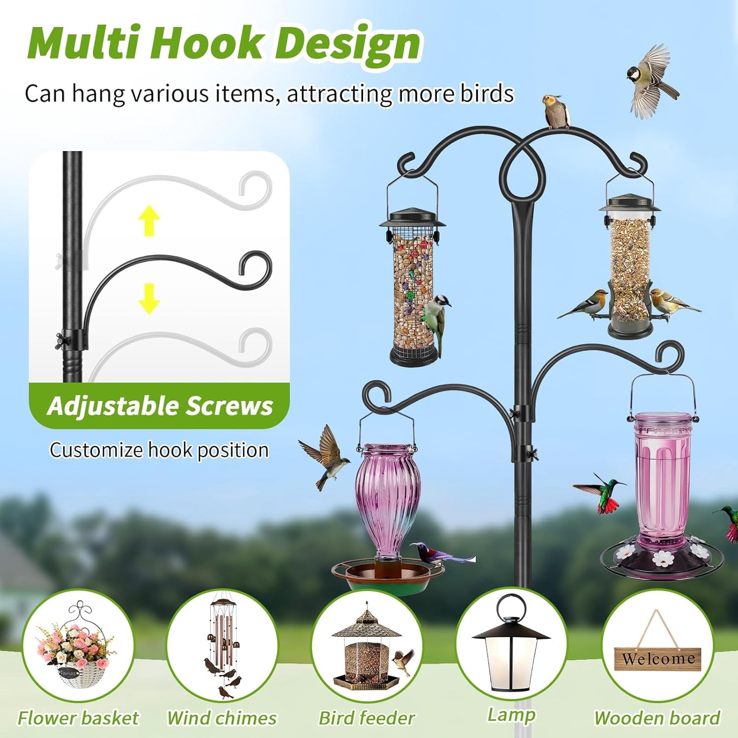 KOLAKO Bird Feeders Hanging Station, 193cm Bird Feeder Pole, Heavy Duty Bird Feeding Station, Garden Shepherds Crook Hooks for Outdoors Lanterns Light, Black