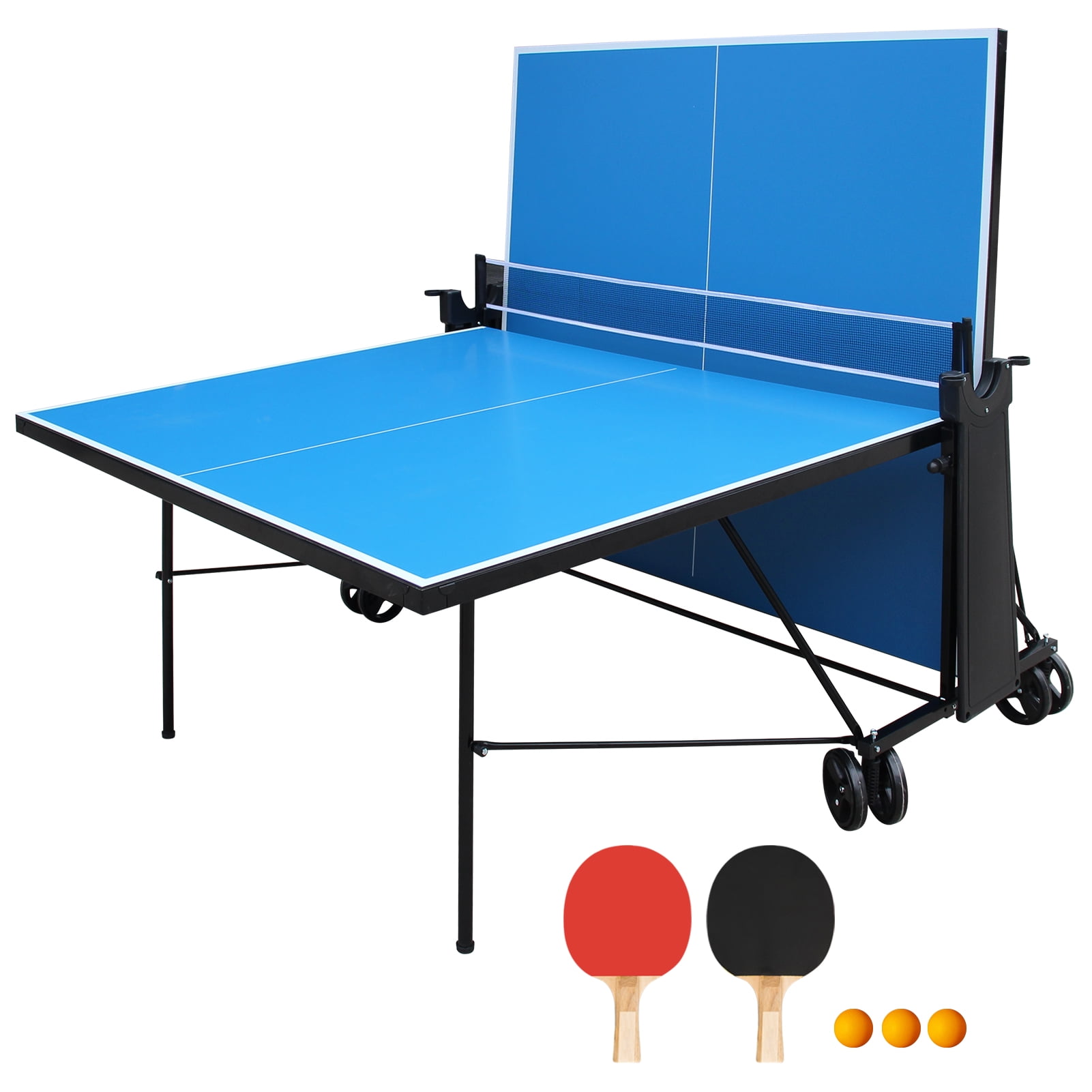 KLB Sport Outdoor/Indoor Foldable Table Tennis Table with Wheels, Weather-Resistant Mobile Ping Pong Table Set with Net, 2 Paddles & 3 Balls, Regulation Size Waterproof Ping Pong Table