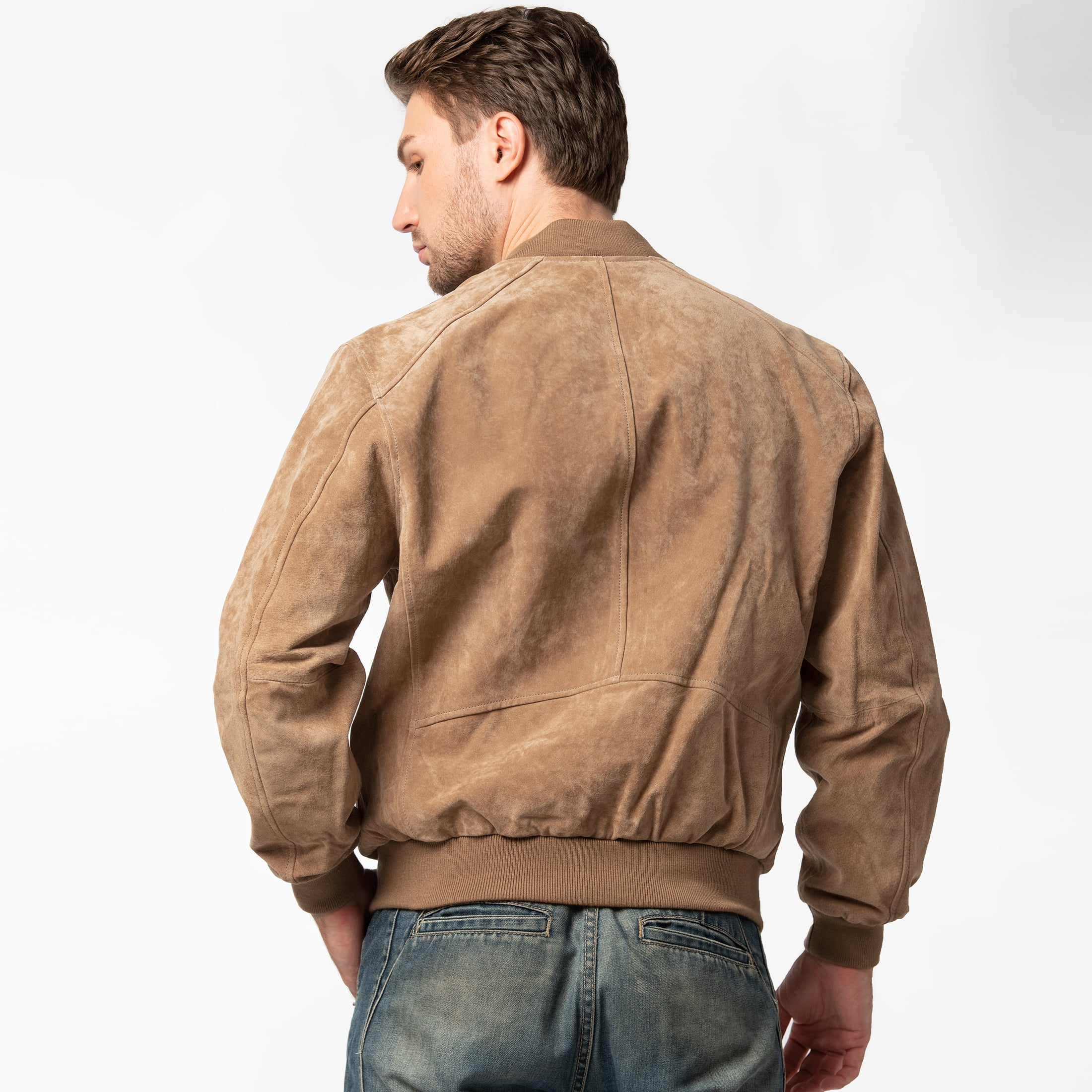 Men's Baseball Leather Jacket Vintage bomber Suede Jackets (S, Cognac)