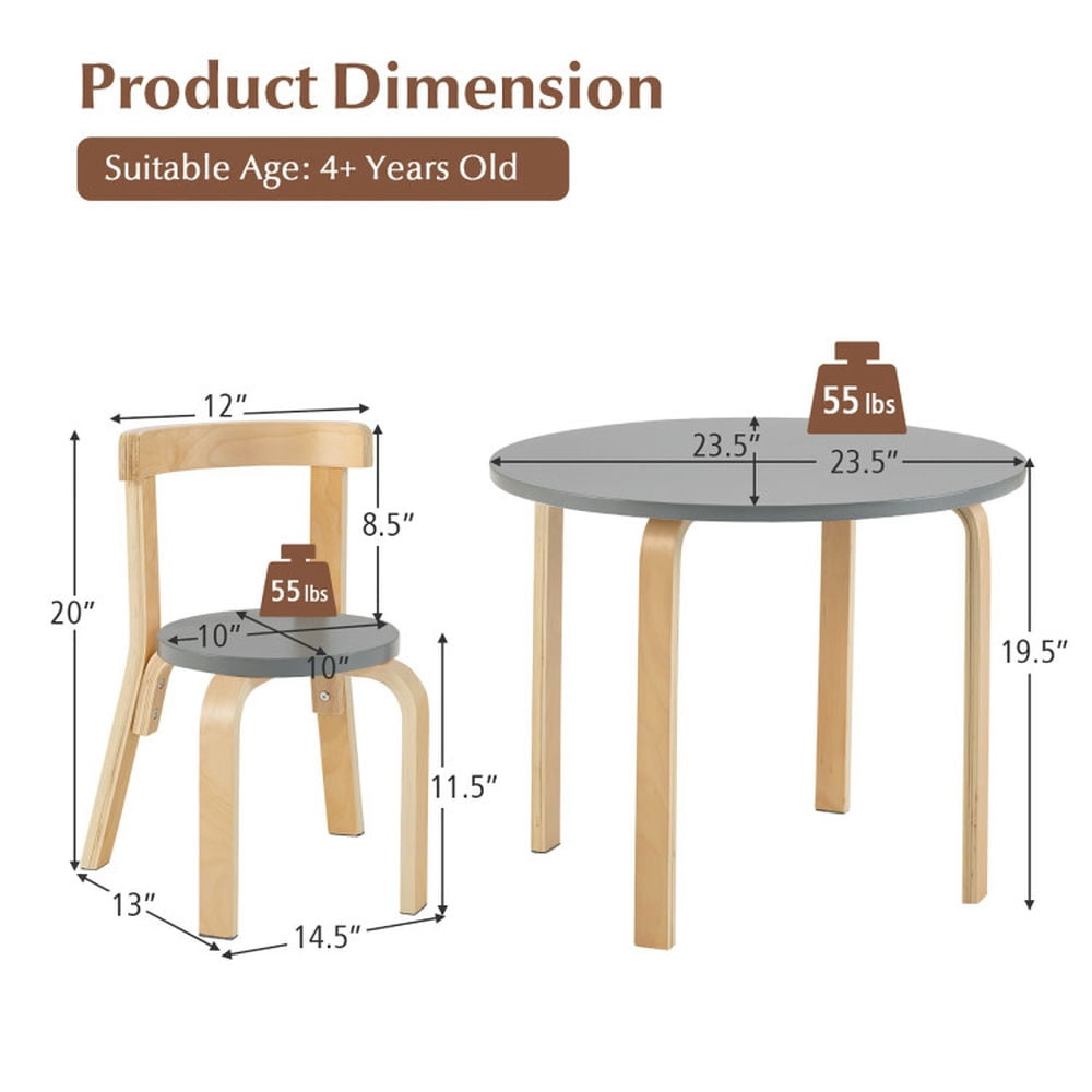 Kadyn Children Kids Table Chair Set,Children Playroom Table Chair Set,5-Piece Kids Wooden Curved Back Activity Table and Chair Set with Toy Bricks-Gray