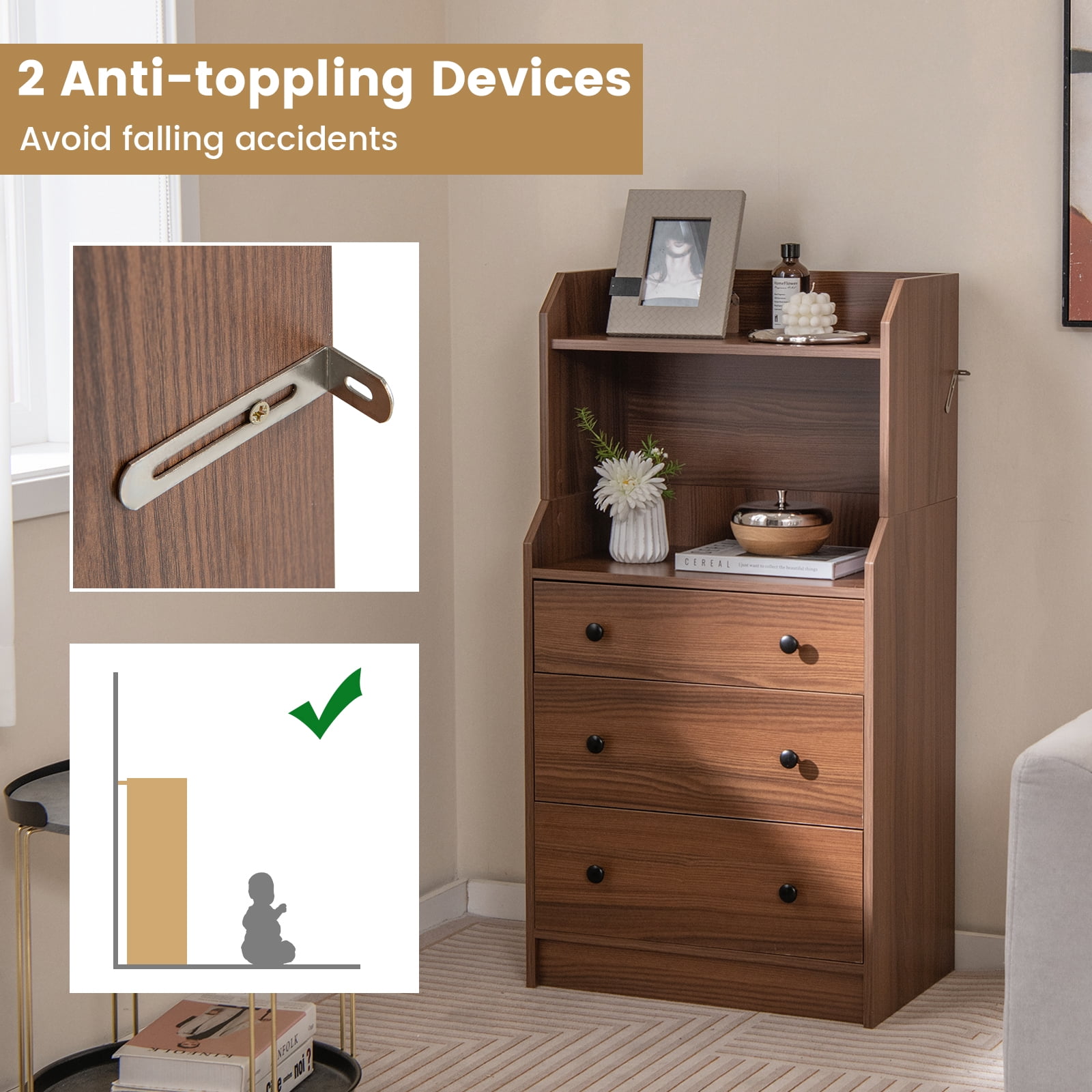 Giantex 3 Drawers Dresser for Bedroom, Storage Dresser Chest w/Anti-toppling Device, Tall Nightstand, Walnut