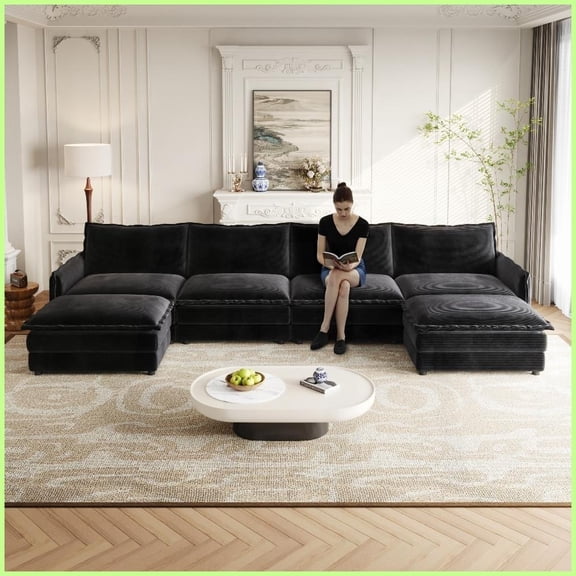 U-Shaped 4-Seater Corduroy Sofa with 2 Movable Footrests - Deep Seat Living Room Couch Solid Wood Frame